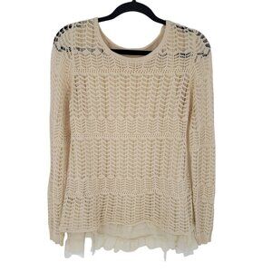 Qed London Small Medium Boho crochet sweater ruffle trim body lined long sleeve